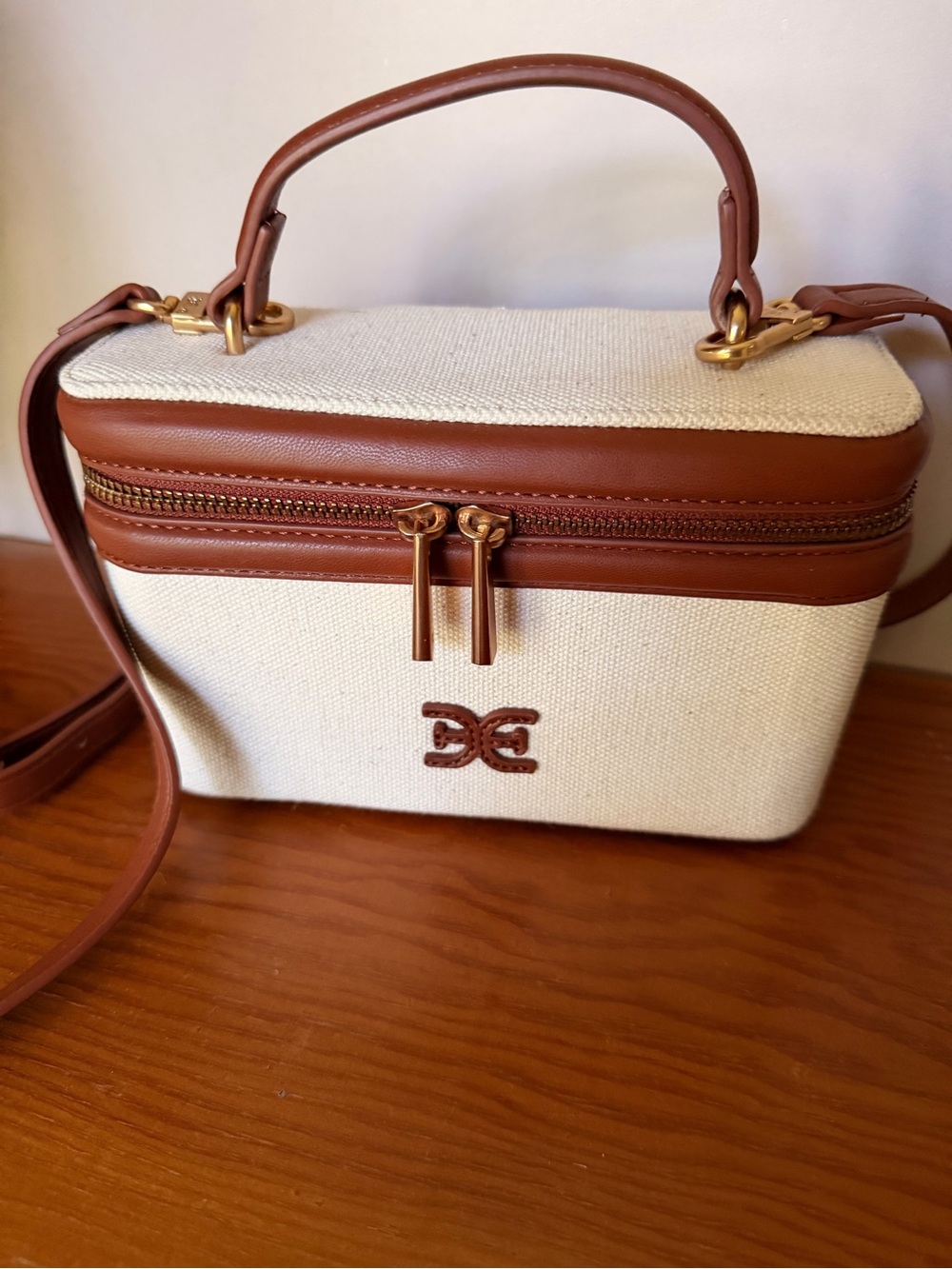 Sam Edelman Cream Canvas Crossbody with Brown Trim and Gold Hardware